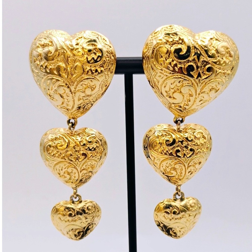 Ellen Designs Vintage Runway Gold Tone Triple Heart Drop Clip On Earrings